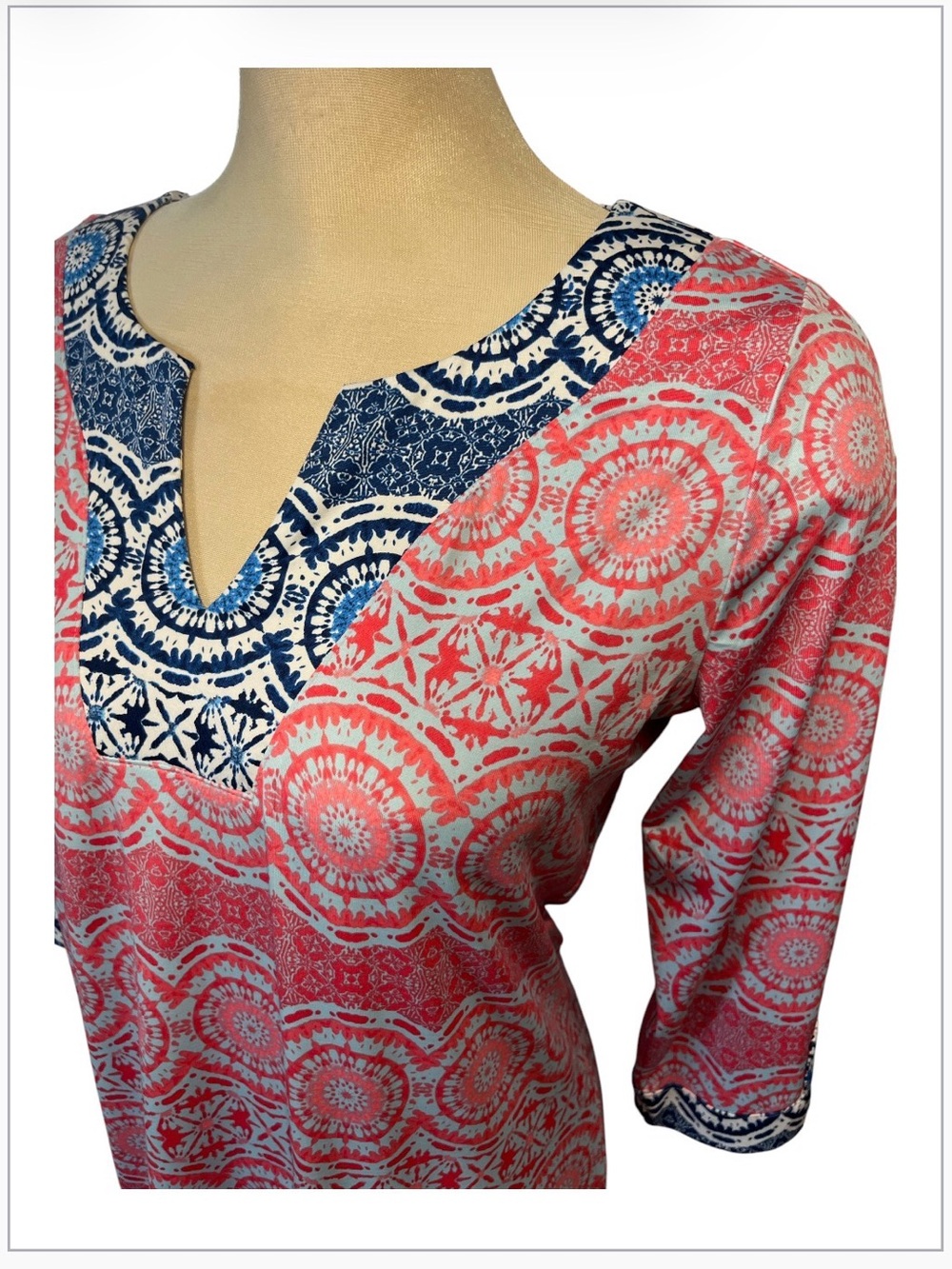 CARIBBEAN JOE V Neck Accent Tunic Dress Size Medium Vacation Holiday Colourful